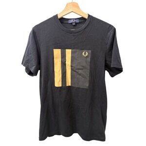 Fred Perry Black Short-Sleeve Tee with Gold Panel Stripes
